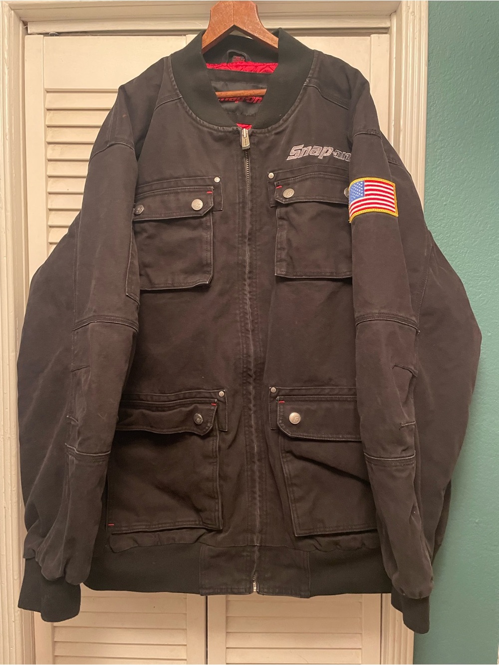 Snap Black Bomber Jacket with American Flag Patch